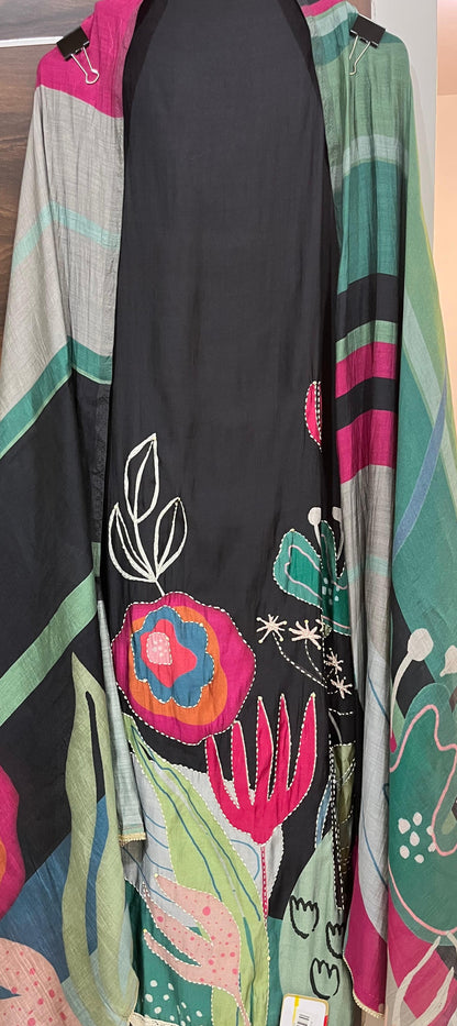 Classic Black Suit with Intricate Kantha Work