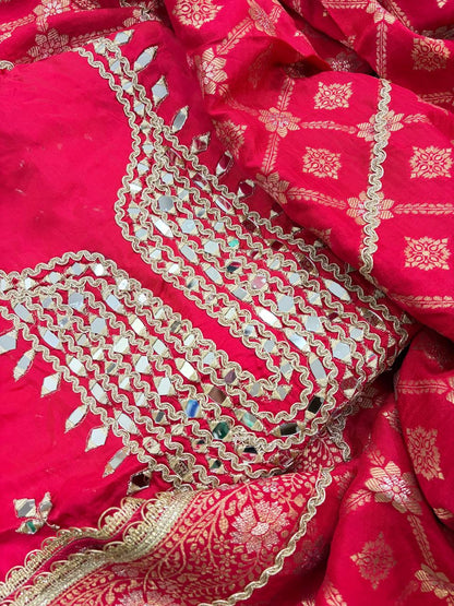 Traditional Red Suit with Hand Mirror Work & Banarasi Silk Dupatta