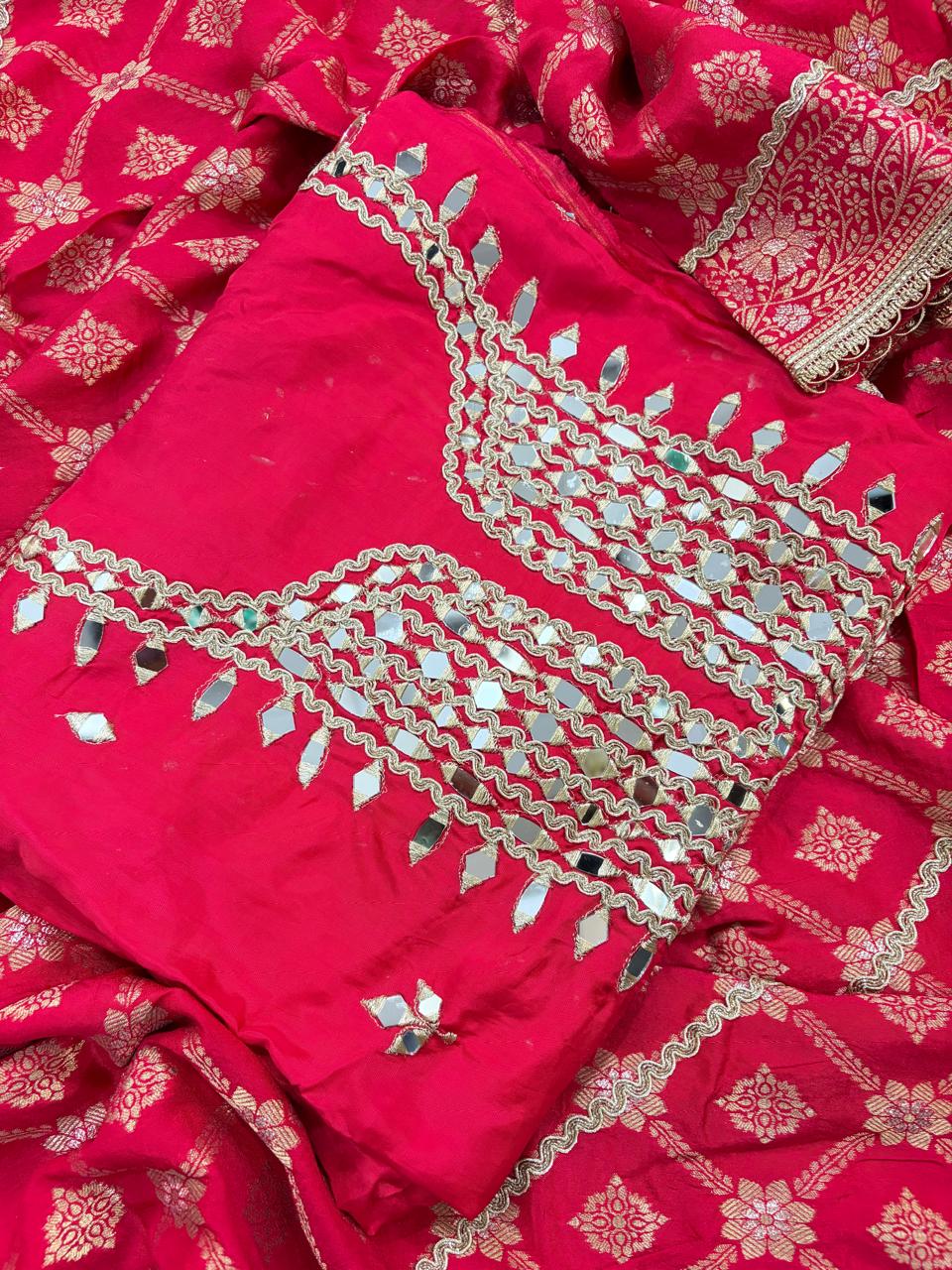 Traditional Red Suit with Hand Mirror Work & Banarasi Silk Dupatta