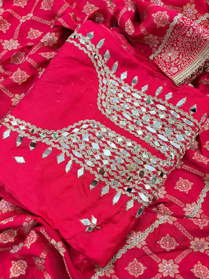 Traditional Red Suit with Hand Mirror Work & Banarasi Silk Dupatta