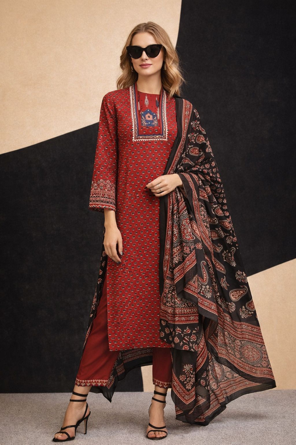 Heritage Ajrakh Cotton Ensemble (Red)